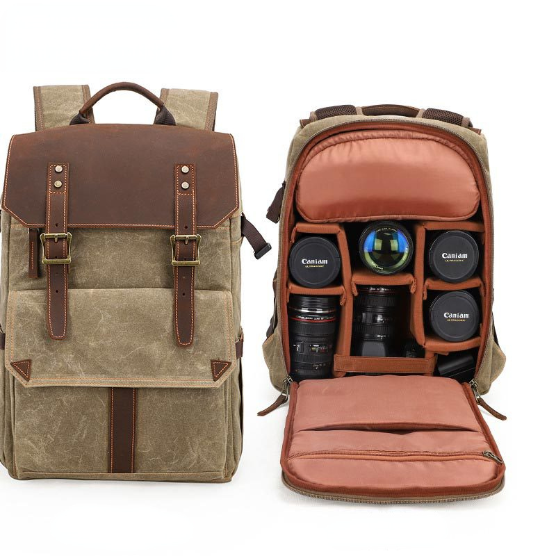 Large Storage SLR Camera Leather Canvas Backpack K001-Leather Canvas Backpack-Khaki-Free Shipping Leatheretro