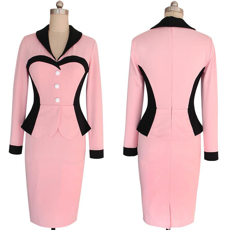 Sexy Fashion Long Sleeves Sheath Dresses-Office Dresses-Pink-S-Free Shipping Leatheretro