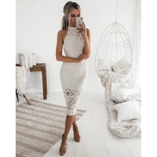 Sleeveless High Neck Bodycon Lace Dresses-Sexy Dresses-White-S-Free Shipping Leatheretro