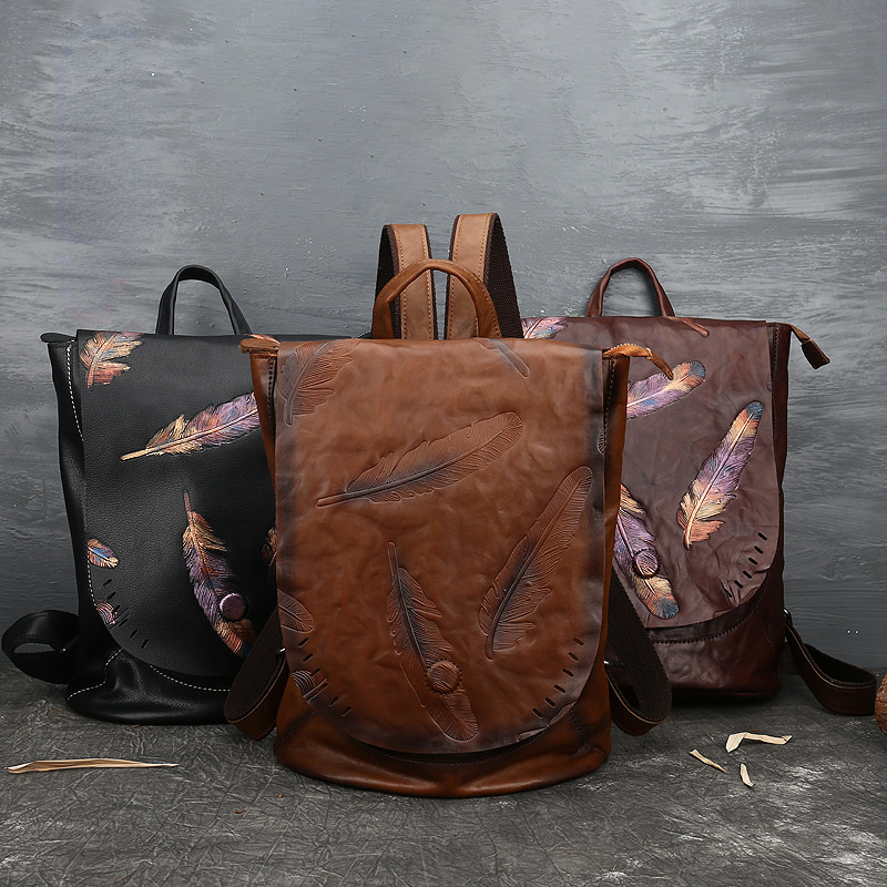 Women Vintage Emlossing Cowhide Leather Backpack 9043-Leatehr Backpack-Black-Free Shipping Leatheretro