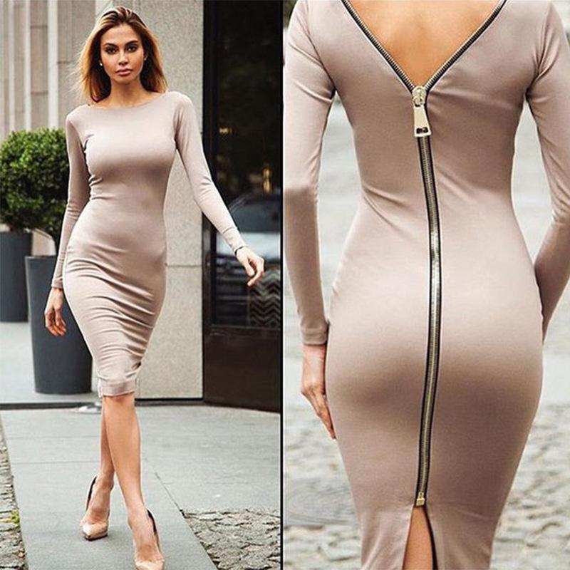 Sexy Back Zippered Bodycon Dresses-Sexy Dresses-Khaki-S-Free Shipping Leatheretro