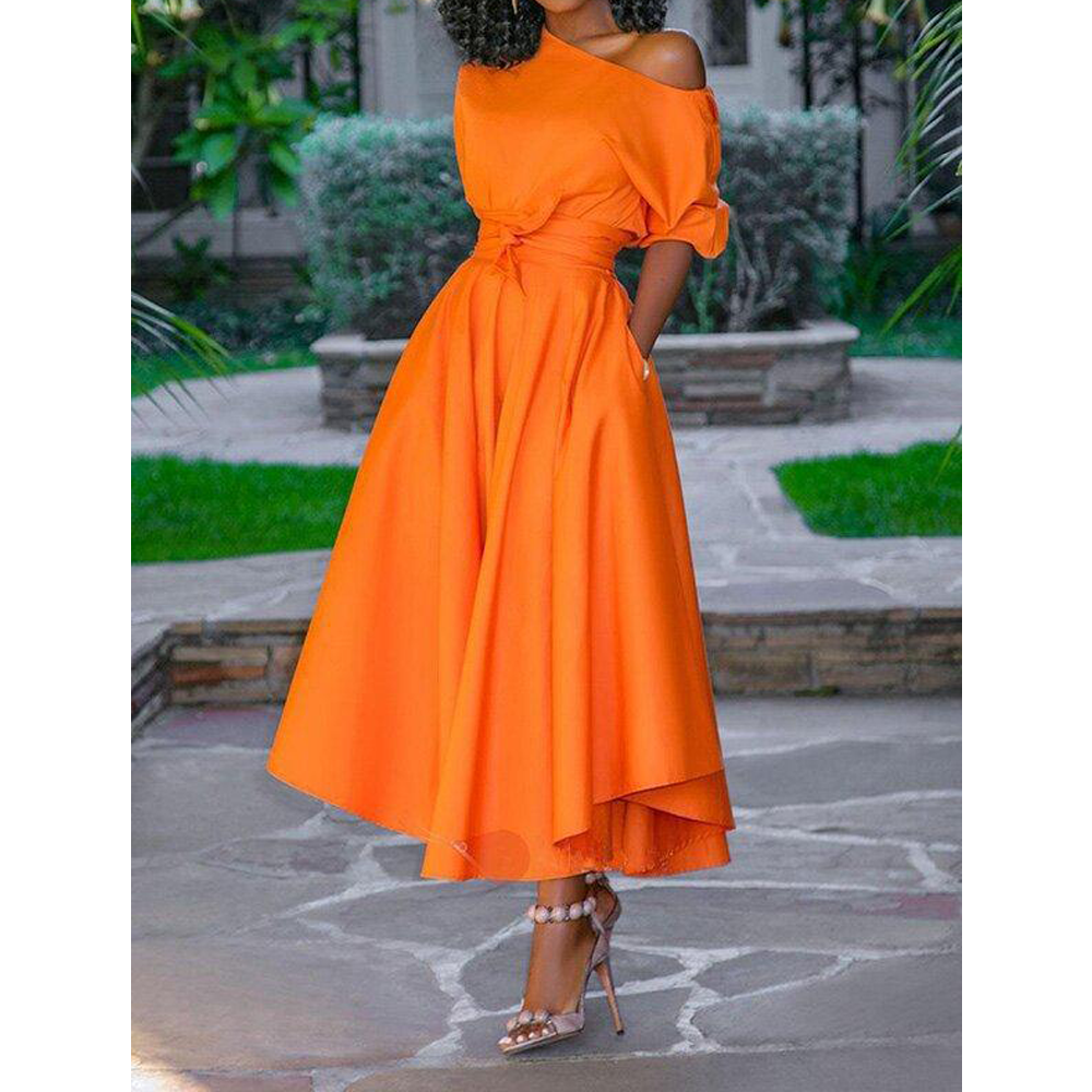 One Sholder Empire Midi Dresses-Midi Dresses-Orange-M-Free Shipping Leatheretro