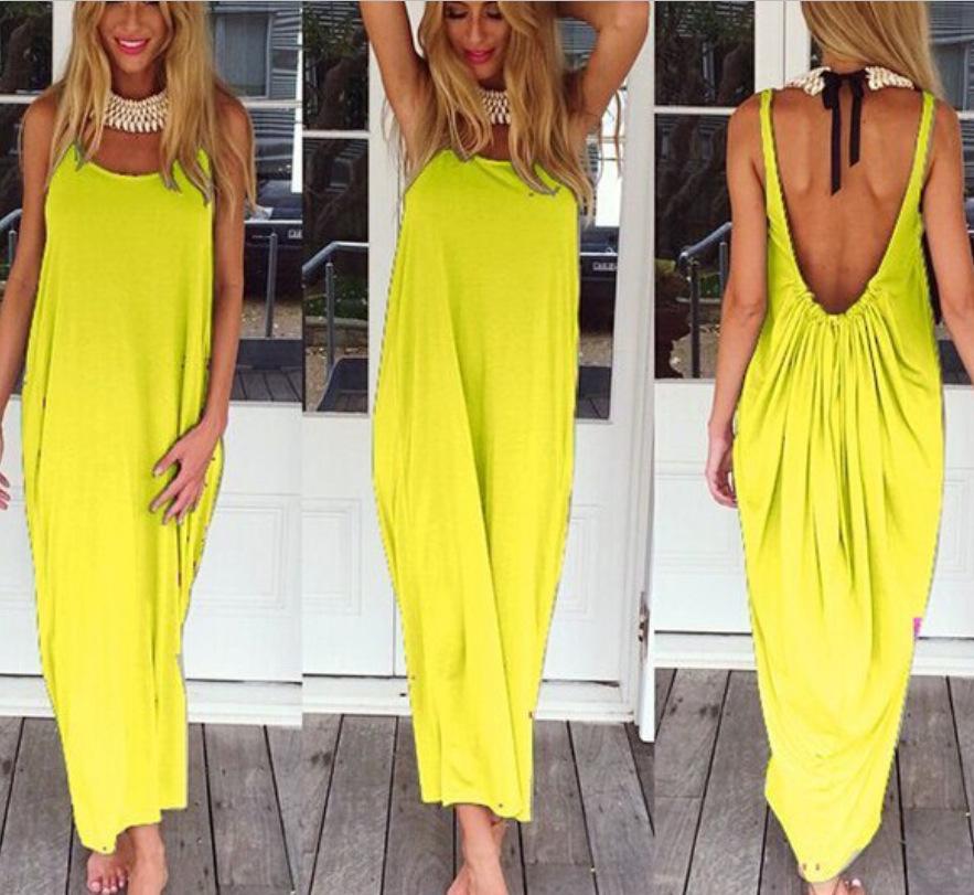 Sexy Backless U Shaped Beach Dresses-Boho Dresses-Yellow-S-Free Shipping Leatheretro
