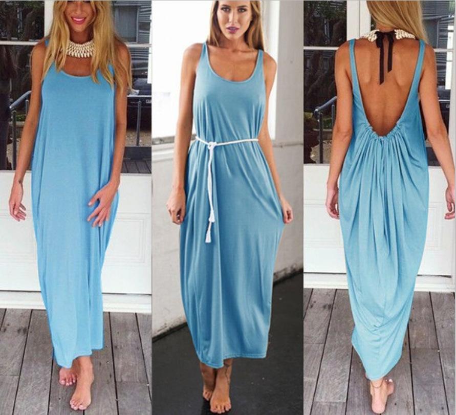 Sexy Backless U Shaped Beach Dresses-Boho Dresses-Light Blue-S-Free Shipping Leatheretro