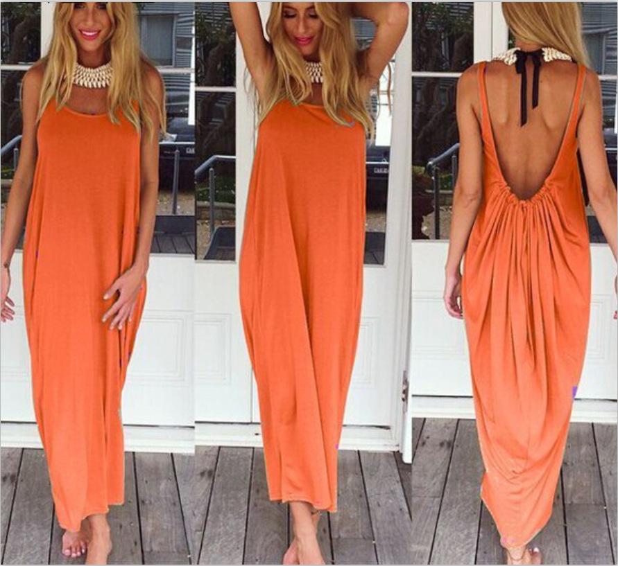 Sexy Backless U Shaped Beach Dresses-Boho Dresses-Orange-S-Free Shipping Leatheretro