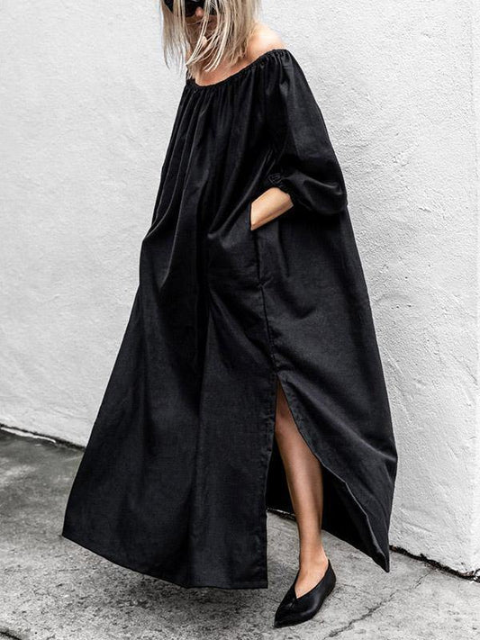 Black Off-Shoulder Loose Long Dress-Maxi Dress-BLACK-S-Free Shipping Leatheretro