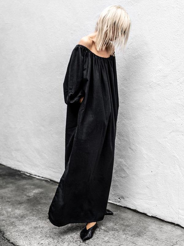 Black Off-Shoulder Loose Long Dress-Maxi Dress-BLACK-S-Free Shipping Leatheretro