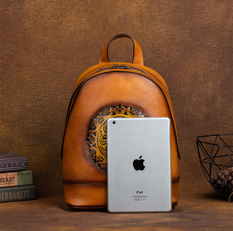 Vintage Vegetable Tanned Leather Embossing Backpack for Women C319-Leather Backpack for Women-Brown-Free Shipping Leatheretro