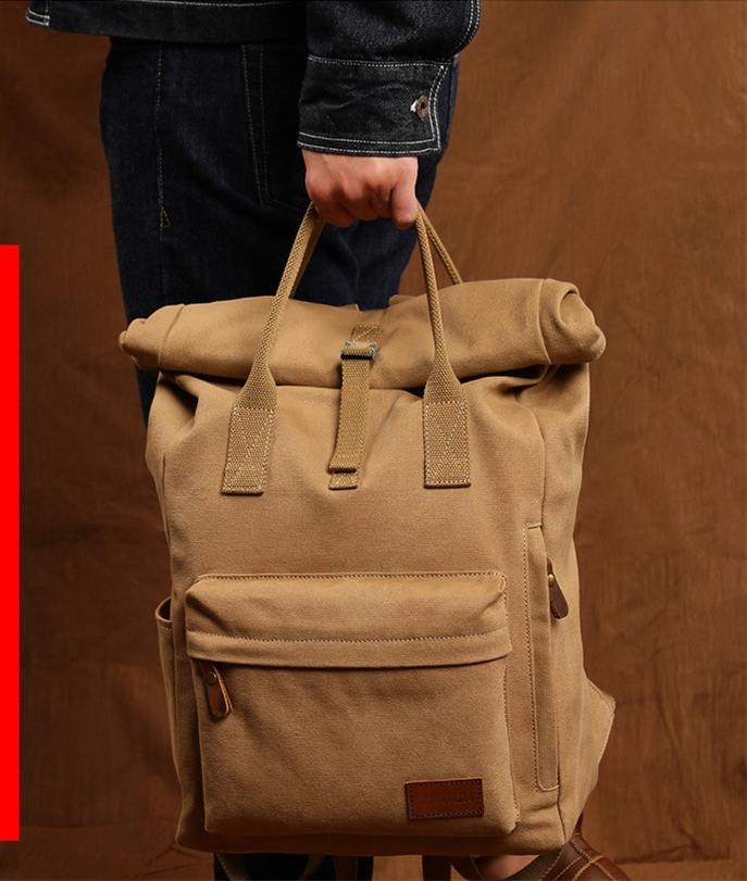 Vintage Large Storage Canvas Handle Backpacks 2006-Khaki-Free Shipping Leatheretro