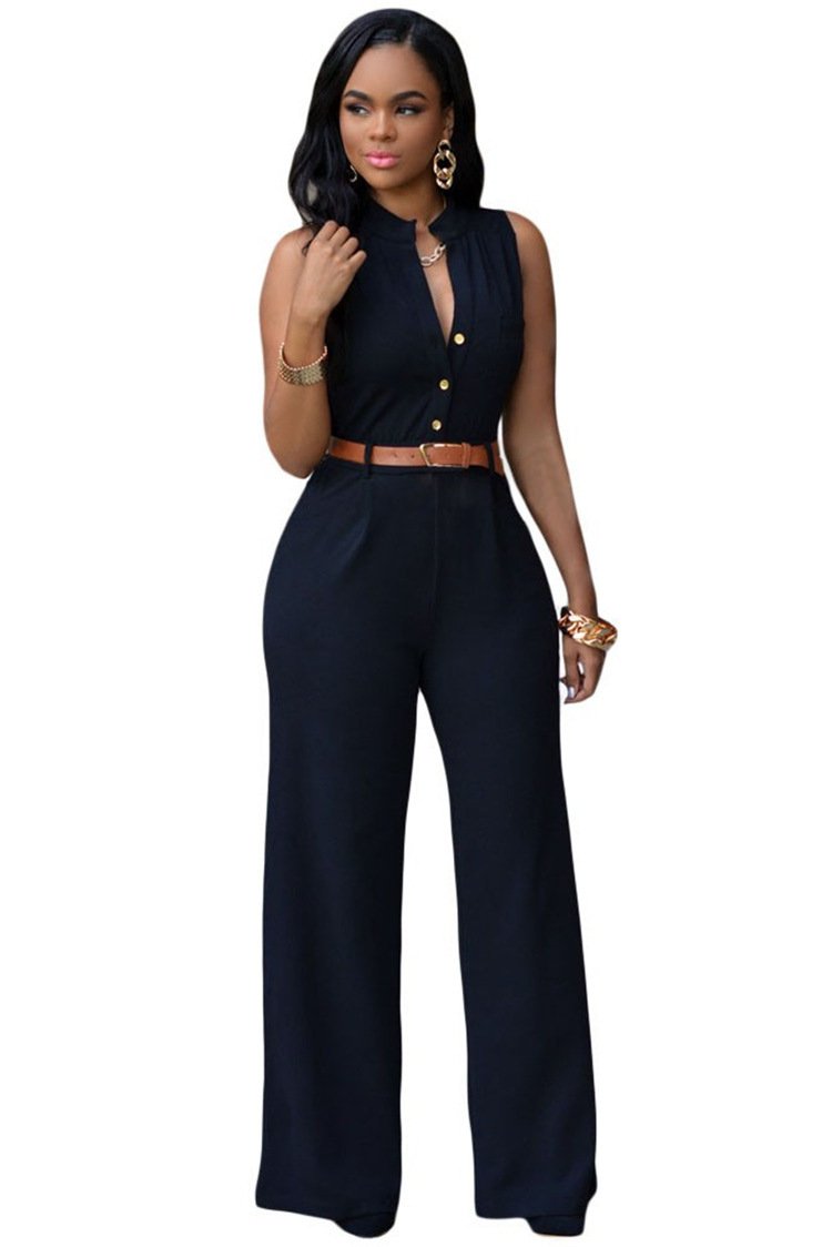 Sexy Pocket Jumsuits with Belt-One Piece Suits-Black-S-Free Shipping Leatheretro