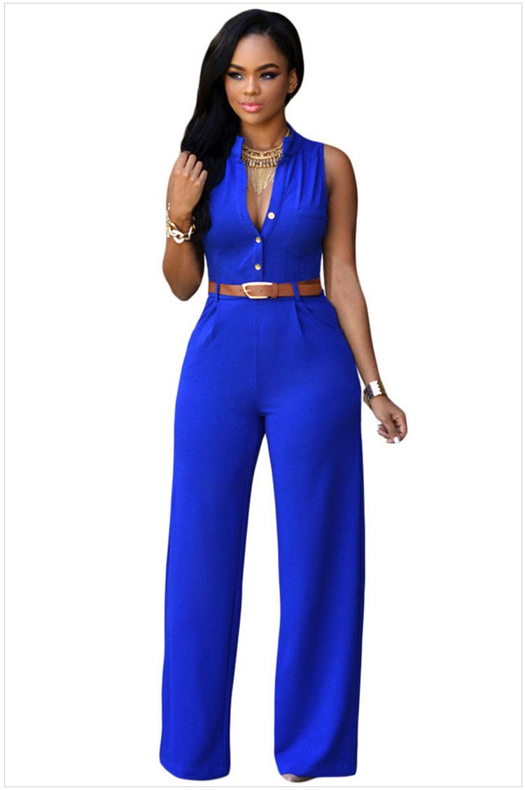 Sexy Pocket Jumsuits with Belt-One Piece Suits-Blue-S-Free Shipping Leatheretro