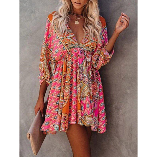 Bohemia Plunging Long Sleeves Mini Dress-Mini Dresses-SAME AS THE PICTURE-S-Free Shipping Leatheretro