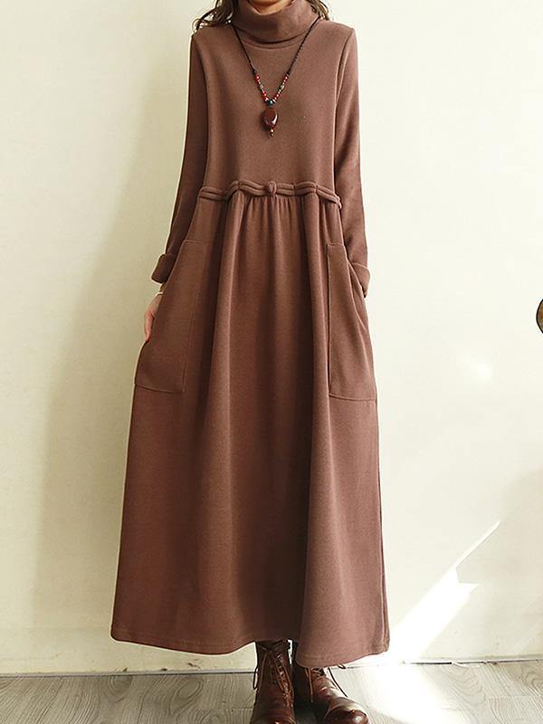 Vintage Split-Joint Loose High-Neck Midi Dress-Cozy Dresses-COFFEE-M-Free Shipping Leatheretro