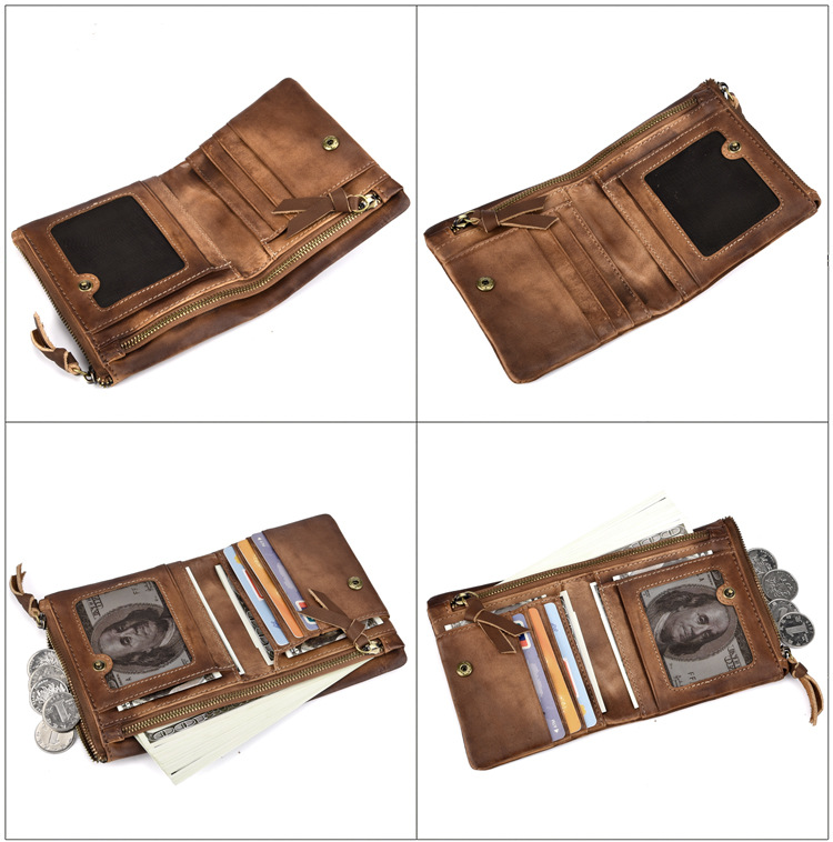 Casual Vintage Double Zipper Leather Wallets 0660-Leather Wallets-Light Brown-Free Shipping Leatheretro