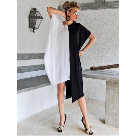 Asymmetric Split-Joint Batwing Sleeve Dress-Cozy Dresses-BLACK WHITE-S-Free Shipping Leatheretro