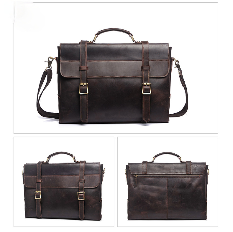 Retro Handmade Leather Travle Briefcase B-8049-Leather Briefcase-Dark Brown-Free Shipping Leatheretro