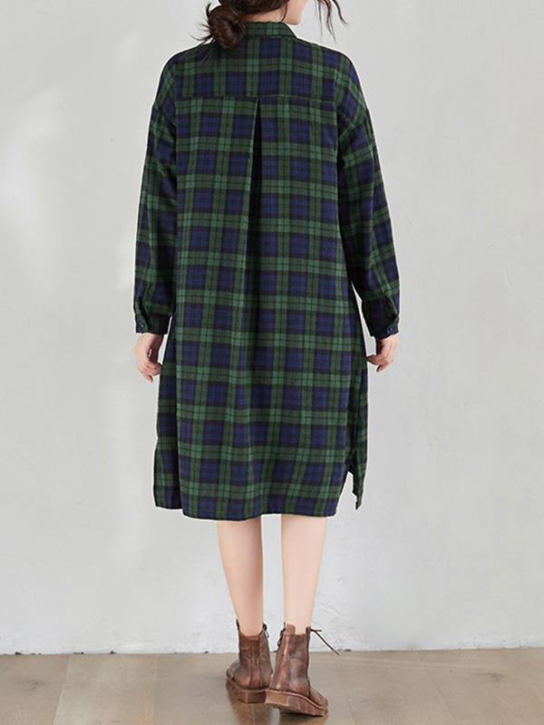 Original Plaid Lapel Shirt Dress-Cozy Dresses-GREEN PLAID-M-Free Shipping Leatheretro