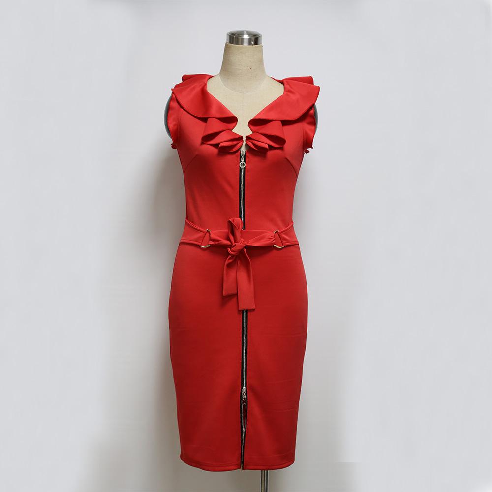 Sexy Ruffled V Neck Fashion Sheath Dresses-Sexy Dresses-Red-S-Free Shipping Leatheretro