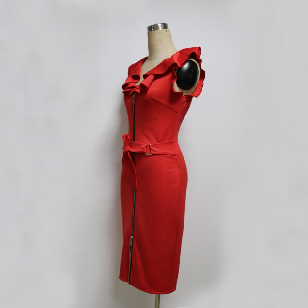 Sexy Ruffled V Neck Fashion Sheath Dresses-Sexy Dresses-Red-S-Free Shipping Leatheretro