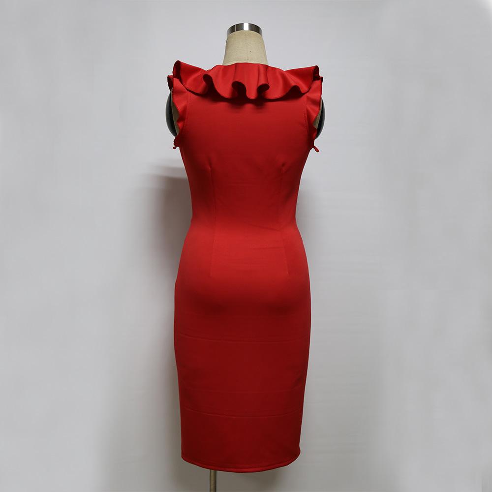 Sexy Ruffled V Neck Fashion Sheath Dresses-Sexy Dresses-Red-S-Free Shipping Leatheretro