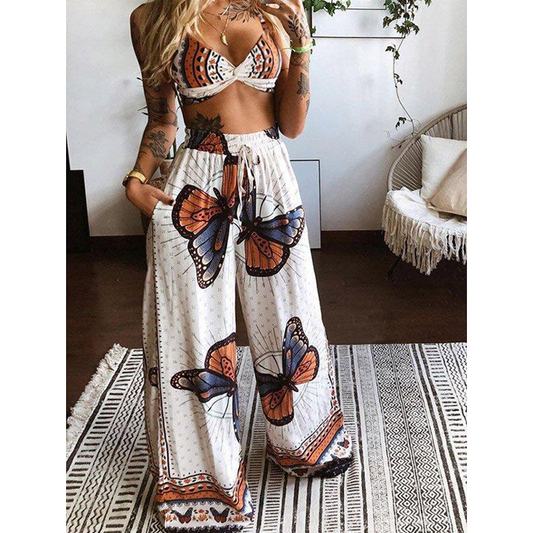 Two-Piece Butterfly Bare Midriff Wide Leg Suit-One Piece Suits-WHITE-S-Free Shipping Leatheretro