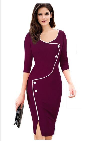 Sexy Women Deep V Neck Split Pencil Dresses-Office Dresses-Purple-S-Free Shipping Leatheretro