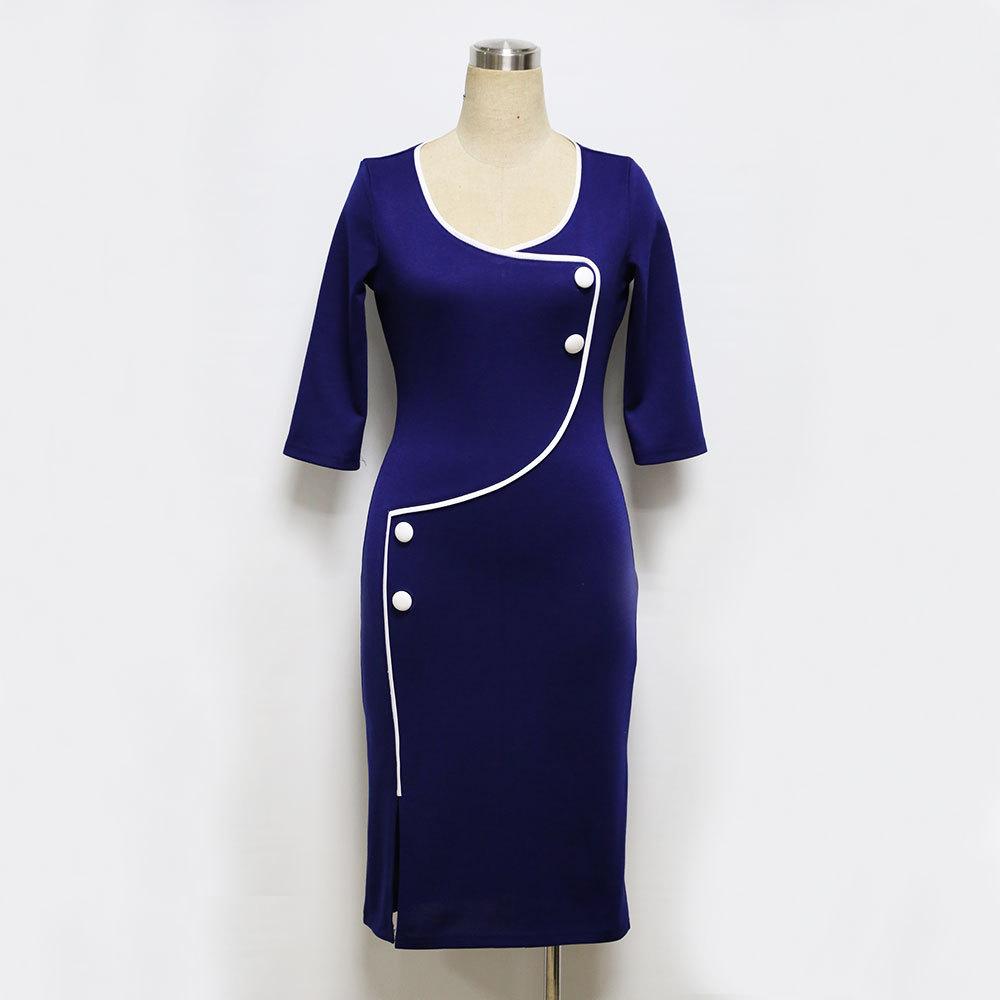 Sexy Women Deep V Neck Split Pencil Dresses-Office Dresses-Blue-S-Free Shipping Leatheretro