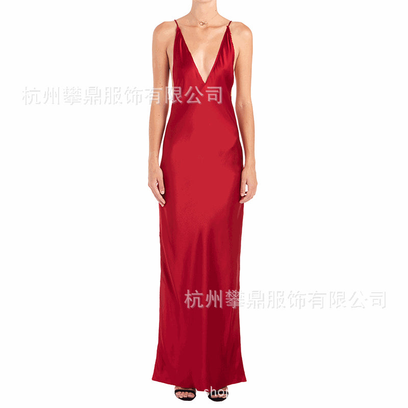 Sexy Satin Backless Evening Party Dresses-Dresses-Red-S-Free Shipping Leatheretro