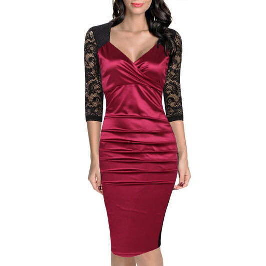 Elegant V Neck Lace Bodycon Women Dresses-Dresses-Red-S-Free Shipping Leatheretro