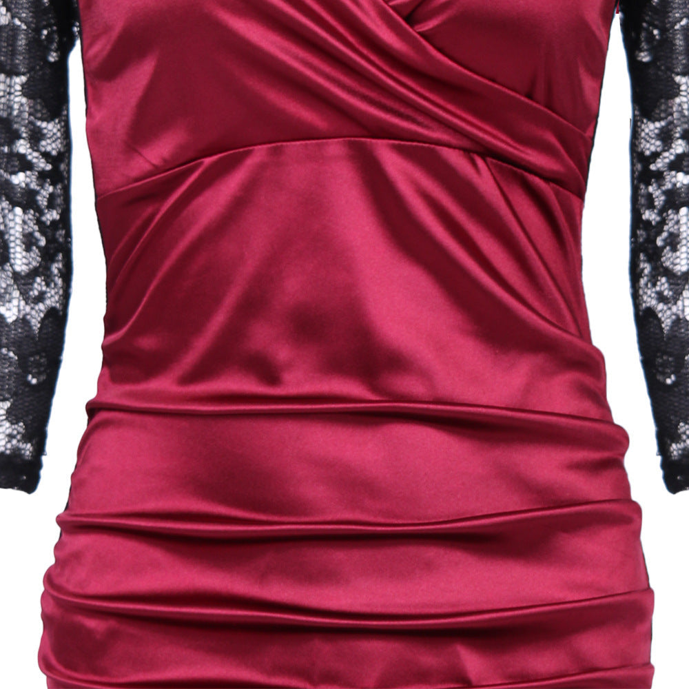 Elegant V Neck Lace Bodycon Women Dresses-Dresses-Red-S-Free Shipping Leatheretro