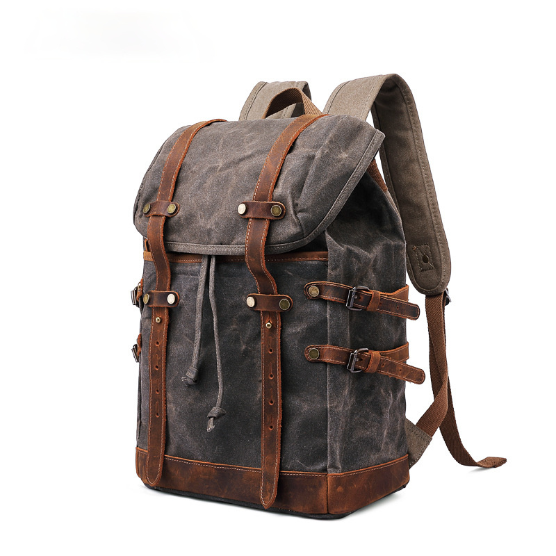 Men Outdoor Hiking Leather Canvas Backpack CT0015-Leather Canvas Backpack-Coffee-Free Shipping Leatheretro