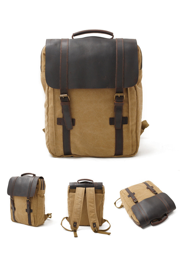 Men's Leisure Leather Canvas Traveling Backpack 6820-Leather Canvas Backpack-Khaki-Free Shipping Leatheretro