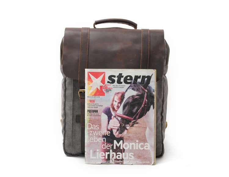 Men's Leisure Leather Canvas Traveling Backpack 6820-Leather Canvas Backpack-Khaki-Free Shipping Leatheretro