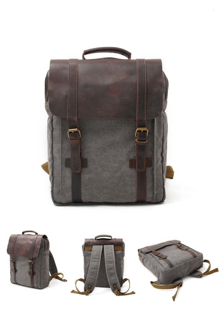 Men's Leisure Leather Canvas Traveling Backpack 6820-Leather Canvas Backpack-Khaki-Free Shipping Leatheretro