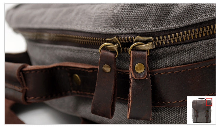 Men's Leisure Leather Canvas Traveling Backpack 6820-Leather Canvas Backpack-Khaki-Free Shipping Leatheretro