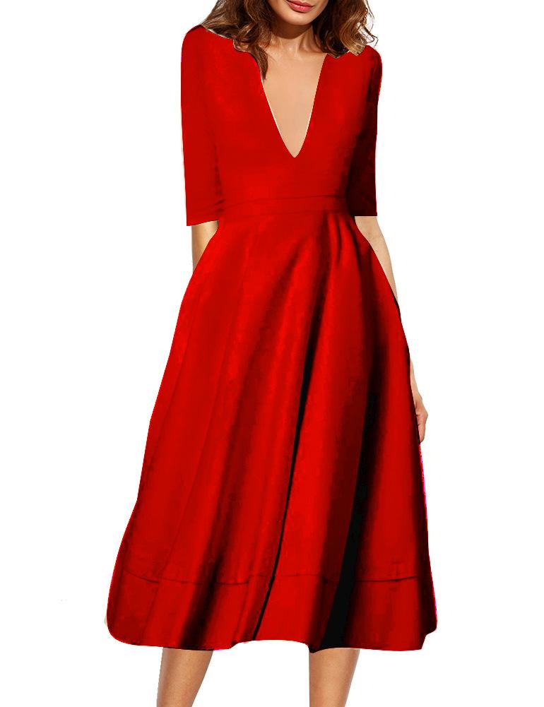 Sexy V Neck Half Sleeves Midi Dresses-Midi Dresses-Red-S-Free Shipping Leatheretro