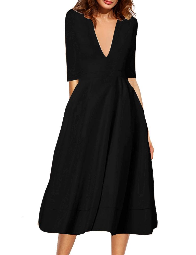 Sexy V Neck Half Sleeves Midi Dresses-Midi Dresses-Black-S-Free Shipping Leatheretro
