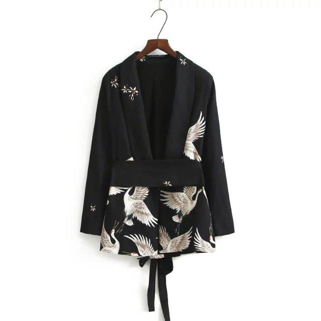 Summer Red-crowned Crane Ankle Length Pans and Blazer Suits-Women Suits-The same as picture-S-Free Shipping Leatheretro