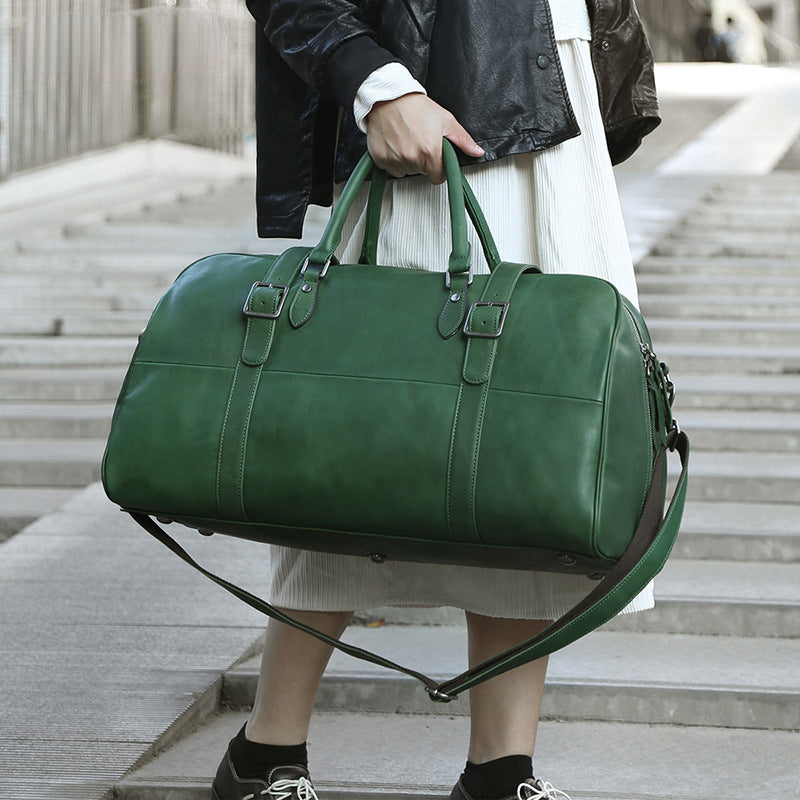 Casual Large Storage Vege Tanned Leather Foldable Traveling Bag 8905-Duffel Bags-Green-Free Shipping Leatheretro