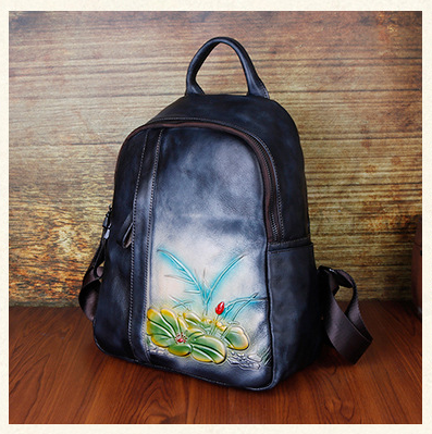 Vintage Floral Embossing Leather Backpack for Women C311-Leather Backpack for Women-Yellow-Free Shipping Leatheretro