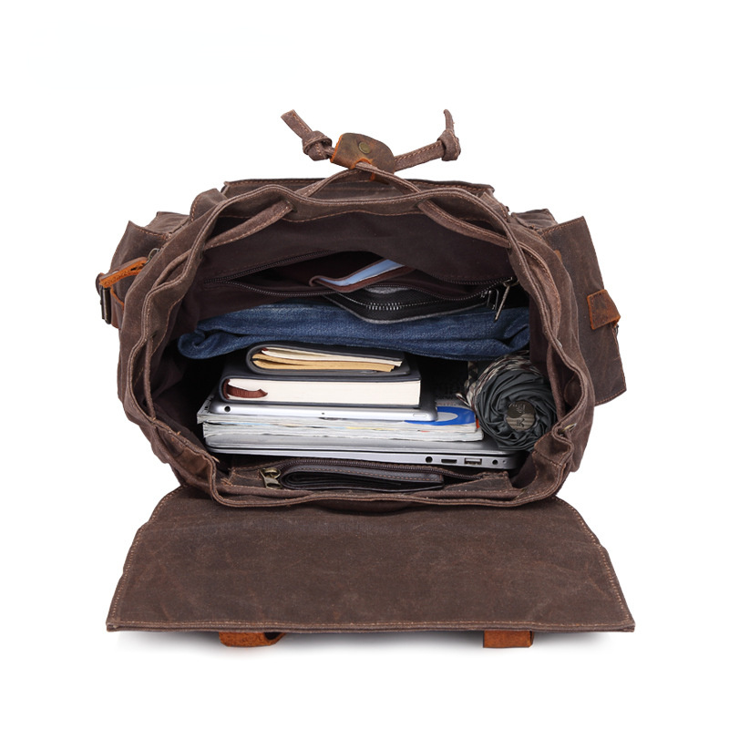 Men Waterproof Leather Canvas Outdoor Backpack 5358-Leather Canvas Backpack-Coffee-Free Shipping Leatheretro