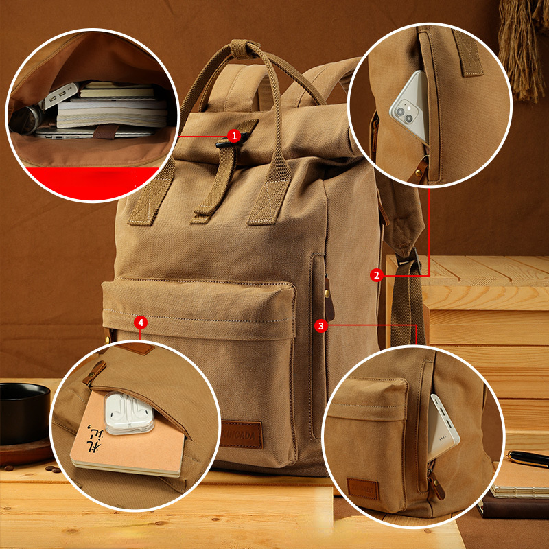 Vintage Large Storage Canvas Handle Backpacks 2006-Khaki-Free Shipping Leatheretro