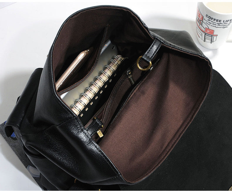 Large Capacity Cowhide Leather Backpack 6019-backpcak-Black-Free Shipping Leatheretro