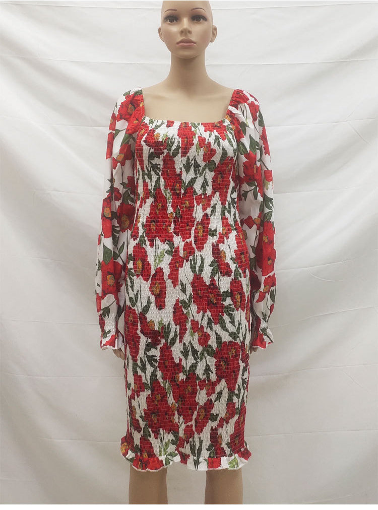 Sexy Red Flowers Long Sleeves Dresses-Dresses-The same as picture-S-Free Shipping Leatheretro