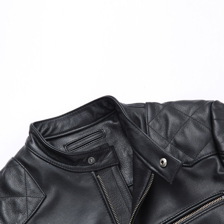 Fashion Stand Collar Cowhide Leather Jacket Coats for Men-Coats & Jackets-Black-M-Free Shipping Leatheretro