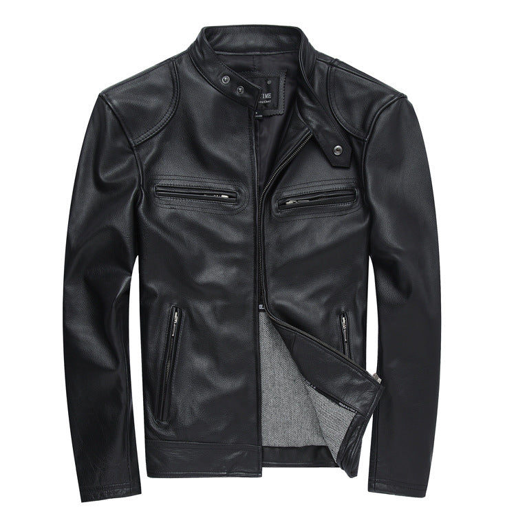 Casual Black Motorcycle Cowhide Leather Jackets for Men-Coats & Jackets-Black-S-Free Shipping Leatheretro