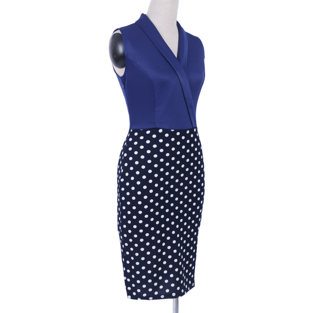Summer Polk Dot Office Lady Blazer Sheath Dresses-Dresses-Navy Blue-S-Free Shipping Leatheretro