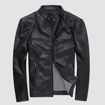 Casual Black Motorcycle Cowhide Leather Jackets for Men-Coats & Jackets-Black-S-Free Shipping Leatheretro