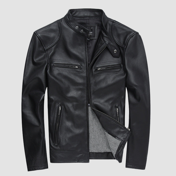 Casual Black Motorcycle Cowhide Leather Jackets for Men-Coats & Jackets-Black-S-Free Shipping Leatheretro
