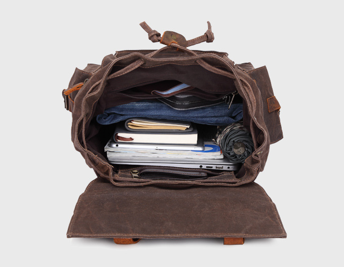 Men Waterproof Leather Canvas Outdoor Backpack 5358-Leather Canvas Backpack-Coffee-Free Shipping Leatheretro